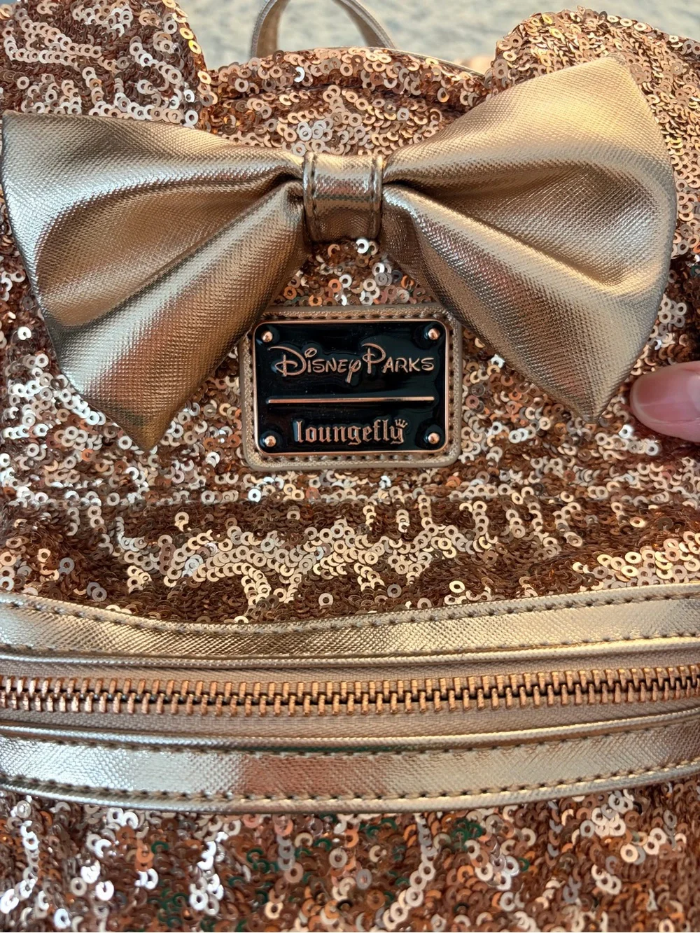 Disney Parks Loungefly Rose Gold Sequin Minnie Ears Backpack